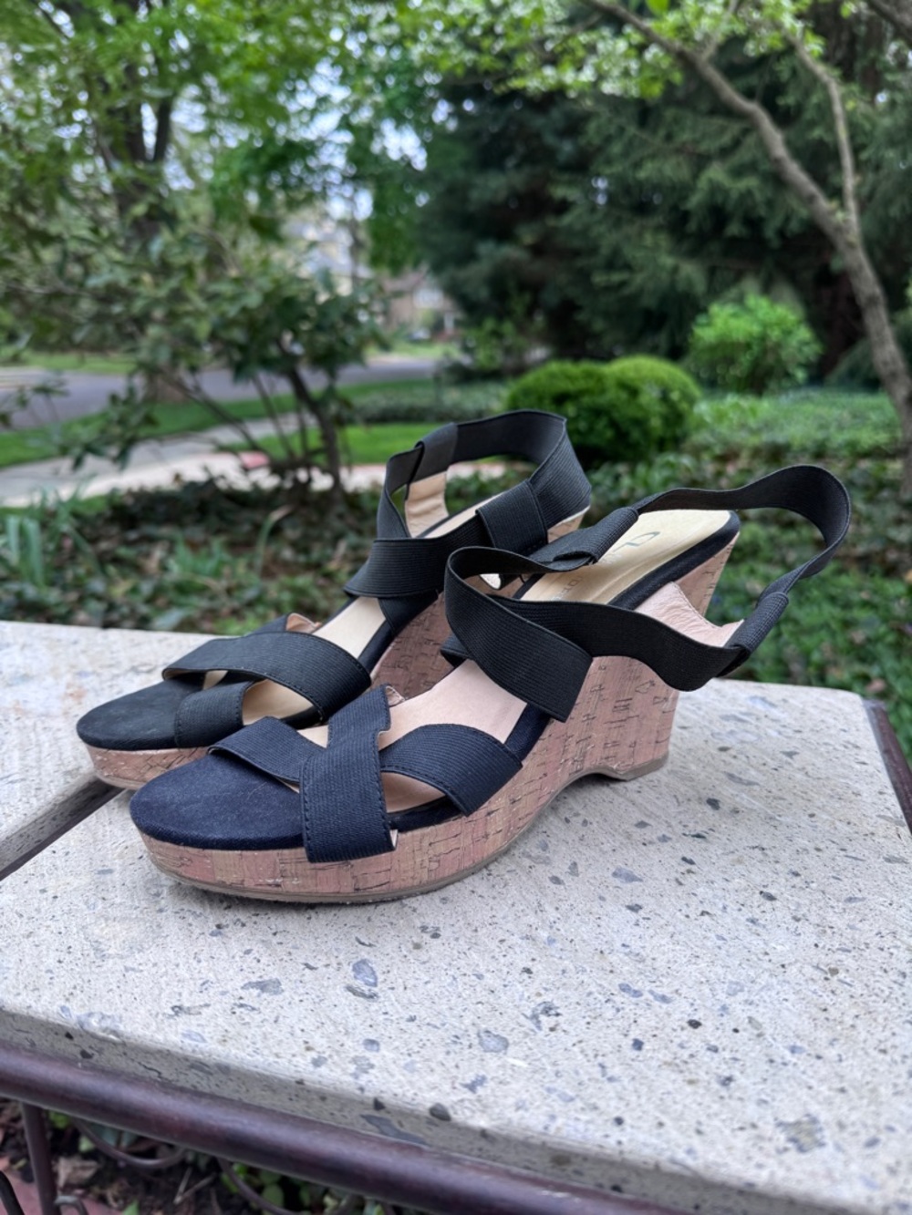 Black Elastic Strap Cork Wedge Sandals - 9